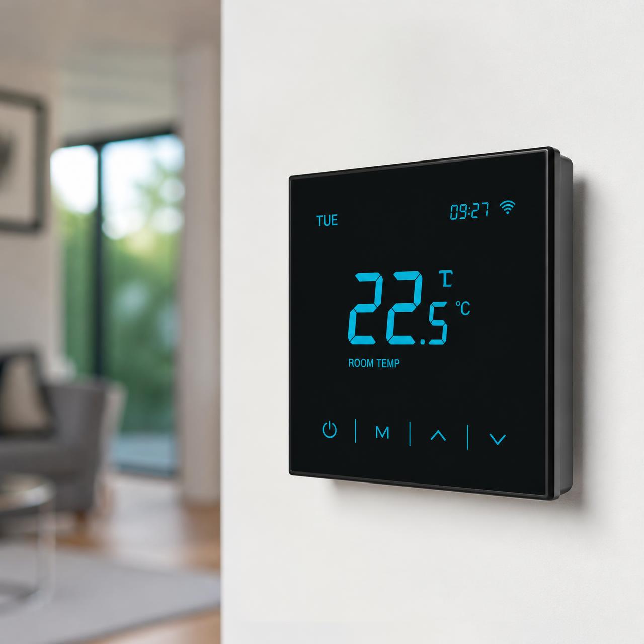 Modern black glass wifi smart thermostat wall-mounted in a bright living room, showing the current room temperature on a cyan LED display